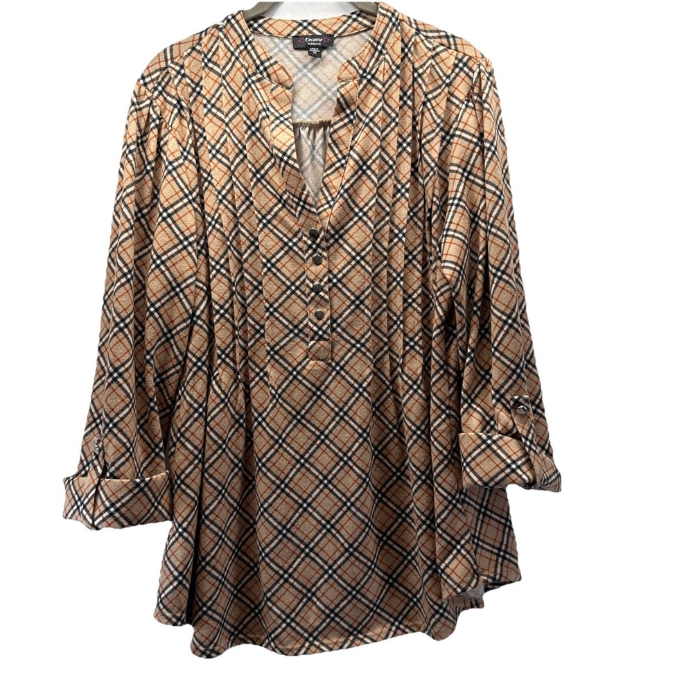 Cocomo Women's Top Size 1X Plus Black Tan 3/4 Sleeves V Neck Pullover Stretch